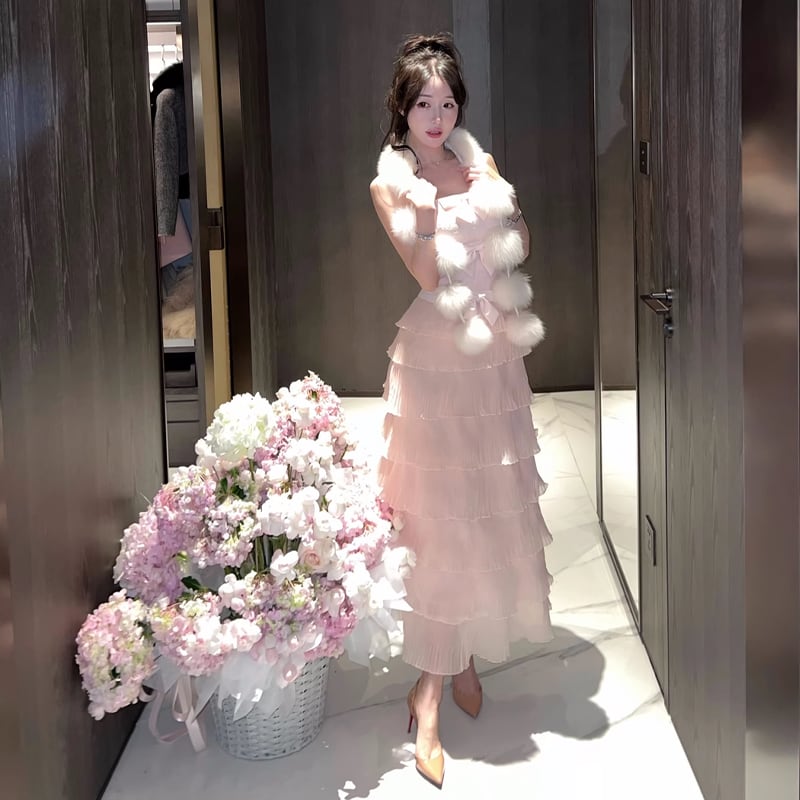 【dress】リボン付きティアードキャミワンピース Q7679