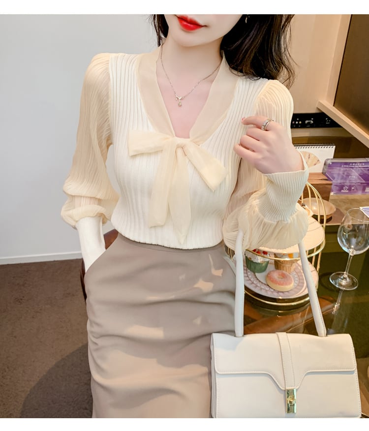 【tops】Vネック切り替えニットブラウスG16806