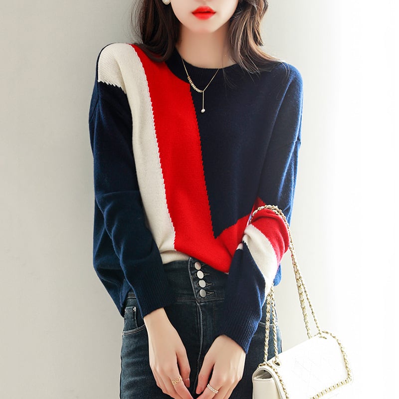 【tops】配色ニットセーター　M25417