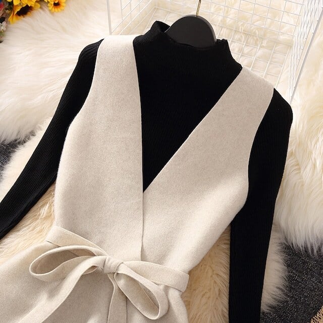 【set】好感度満載！秋冬新作Vネックベスト+無地セーター+美シルエットスカート通勤日常3点セットF1295