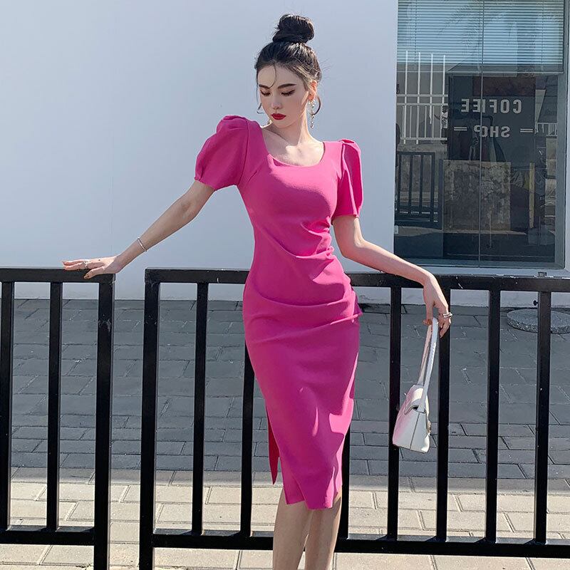 【dress】一目惚れ！韓国風INS風OL通勤スクエアネック半袖パフ袖スリット無地タイトワンピースF2364