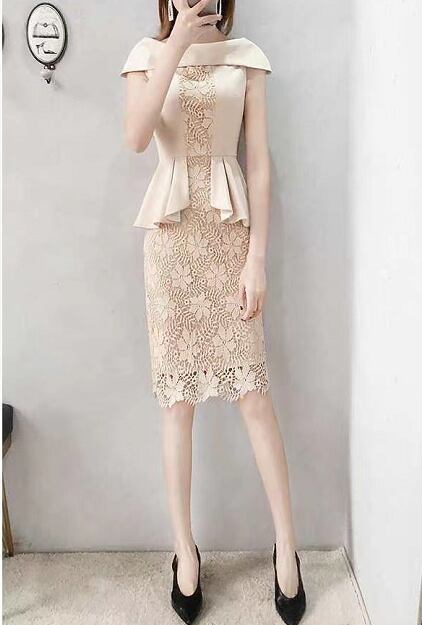 【dress】オシャレ度満点〜ギャザーレース切り替えスリットOL通勤タイトンワンピースF2427