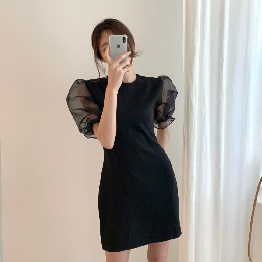 【dress】韓国風 気質満点ラウンドネックパフスリーブシフォン切り替えワンピース