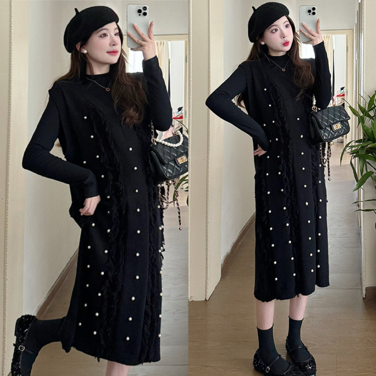 【dress】パール付きフリンジノースリーブニットワンピース　N2783