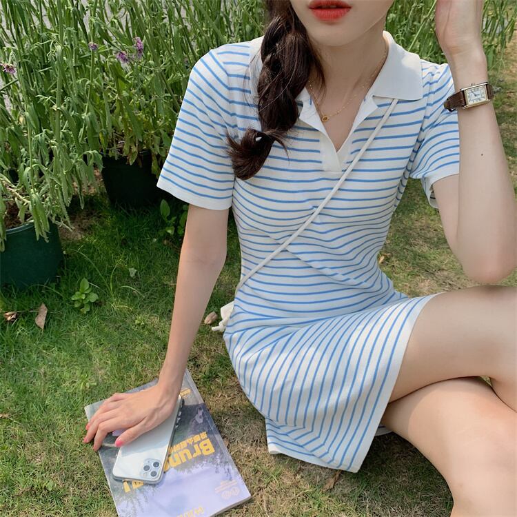 【dress】韓国風スウィートVネック着痩せストライプ柄ニットワンピース G0210