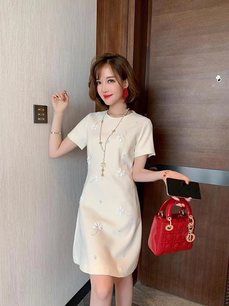 【dress】美感いっぱいラウンドネック半袖無地ビーズ飾り披露宴二次会韓国ファッションワンピースF2186