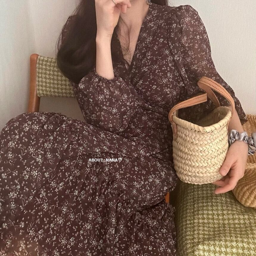 【dress】Vネックシフォン花柄ワンピース G20929