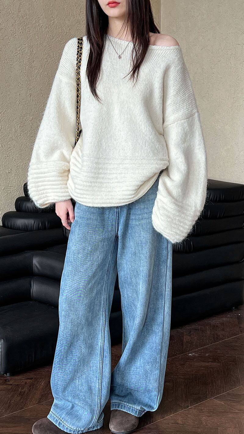 【tops】オフショルダーバルーンスリーブニットトップス　N2911