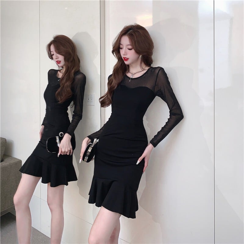 【dress】メッシュ切り替えマーメイドワンピース G20694