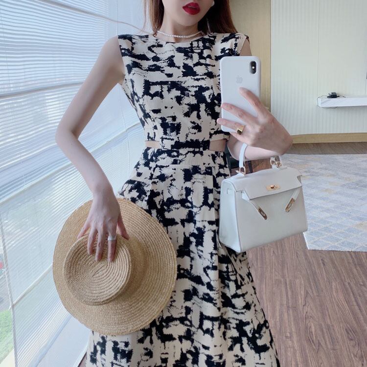 【dress】今季大好評海旅行ラウンドネックプリントノースリーブ着やせワンピースF0323