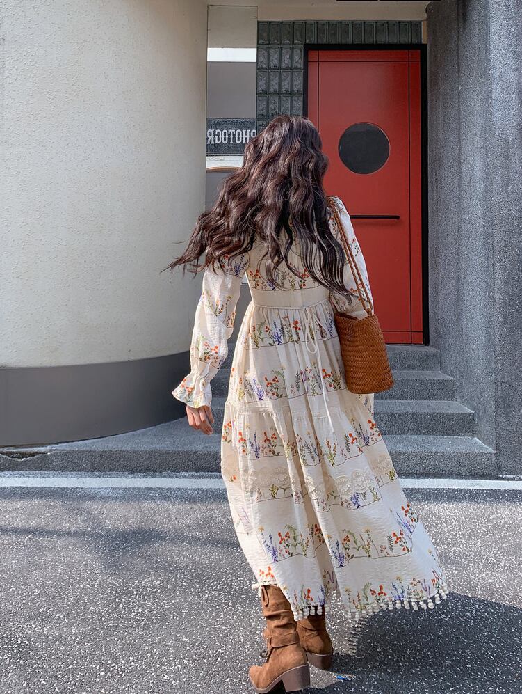 【dress】フリンジ付き花柄ロングワンピース Q8225