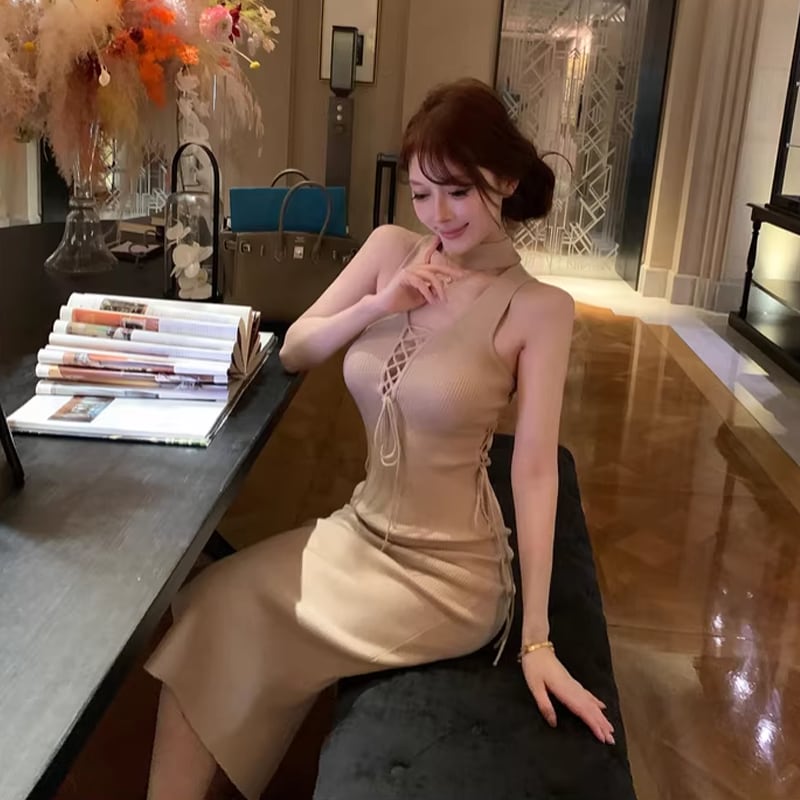 【dress】ストラップデザインロングニットキャミワンピース Q7803