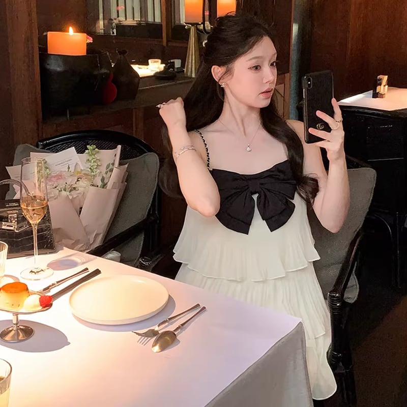 【dress】リボン付きティアードキャミワンピース Q8464
