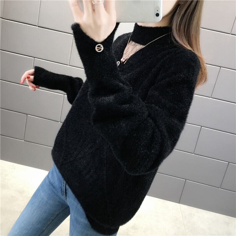 【tops】選べる5色！ハーフネック長袖メッシュ切り替え無地お洒落韓国風ニットセーターF0861