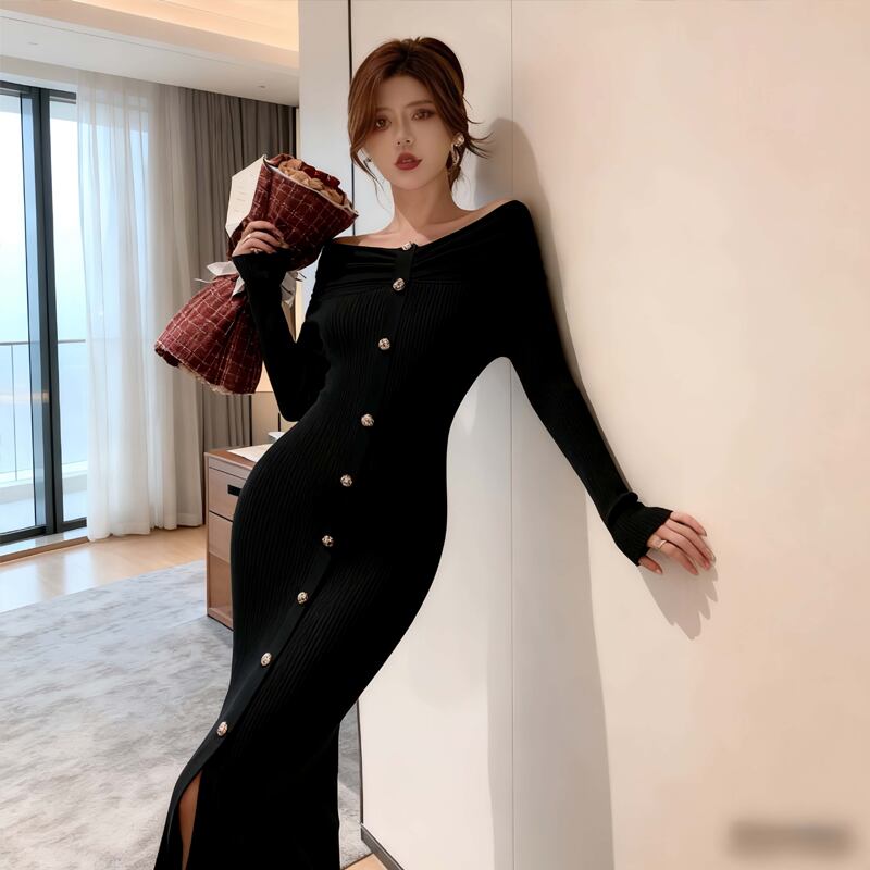 【dress】オフショルダーニットワンピース Q7119