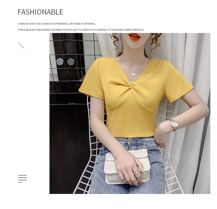 【tops】2色Vネック半袖ファッション無地着回しブラウスF0154