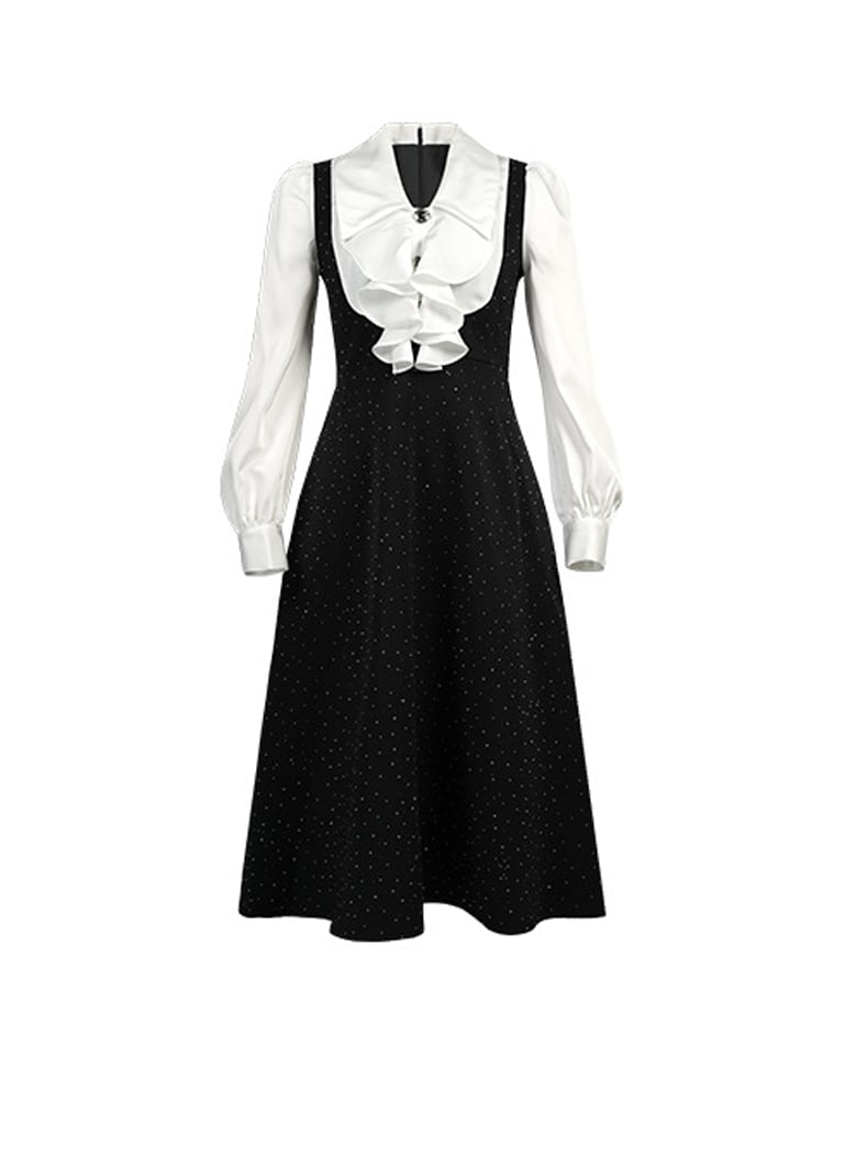 【dress】ラインストーン付きフリルロングワンピース Q7970