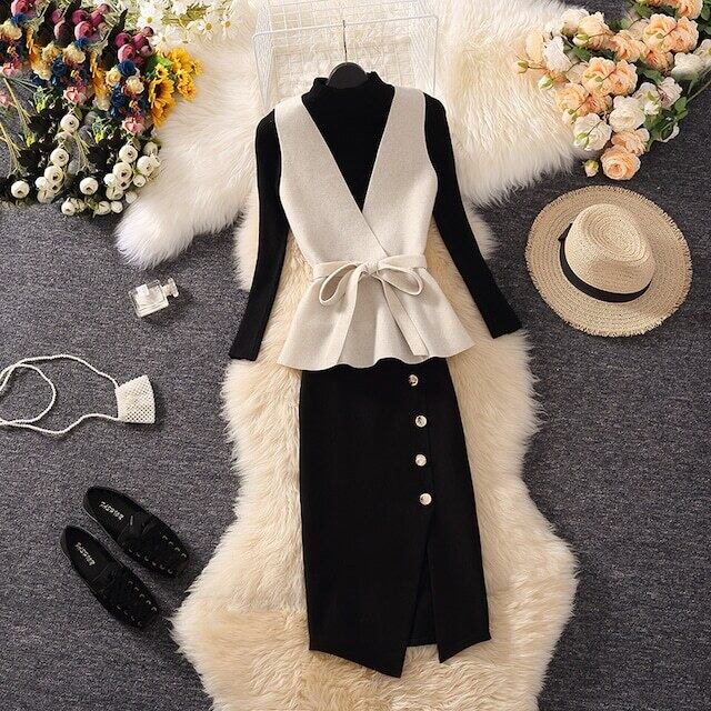【set】好感度満載！秋冬新作Vネックベスト+無地セーター+美シルエットスカート通勤日常3点セットF1295