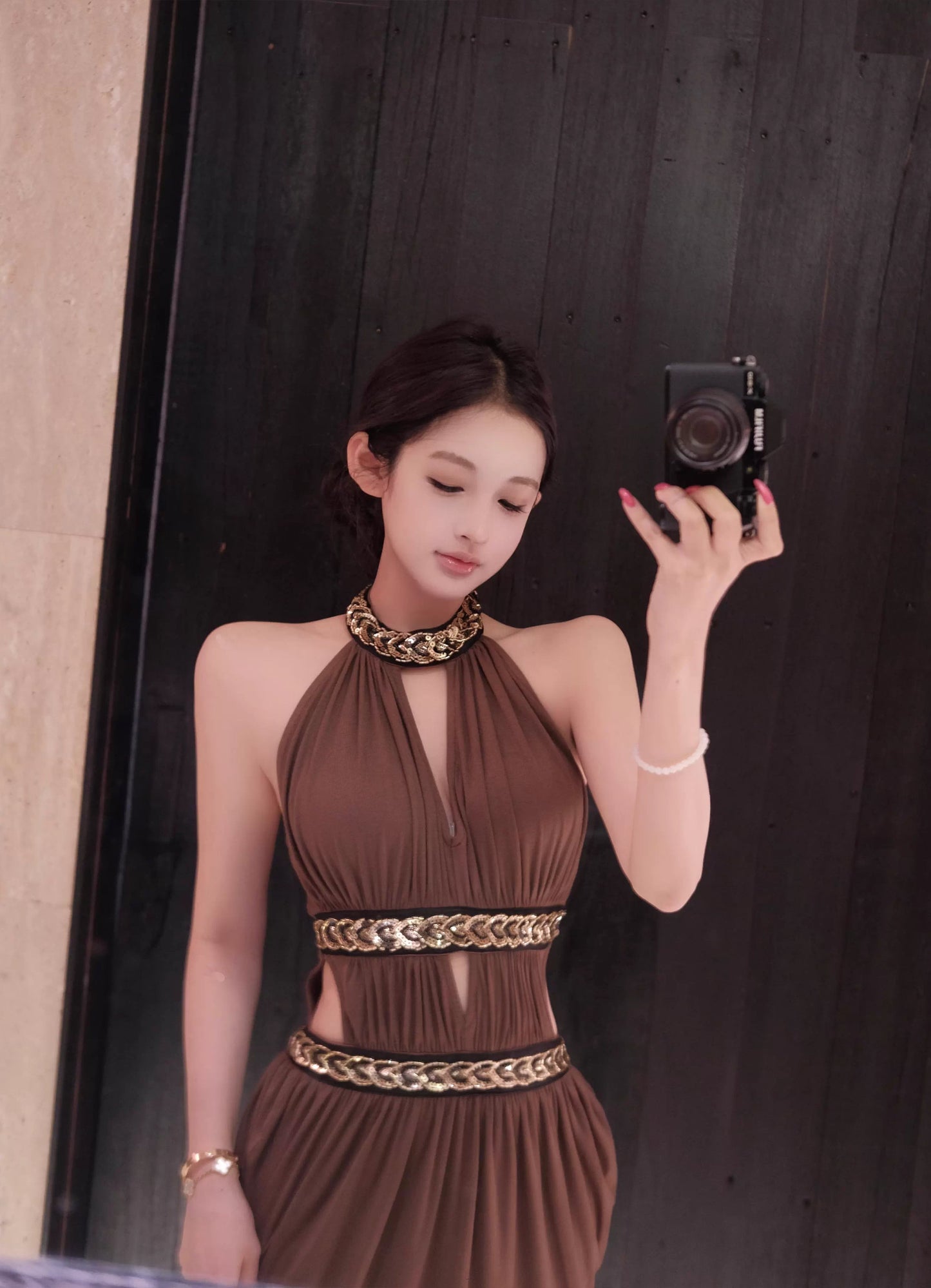 【dress】ホルターネックサイドカットロングワンピース Q8293