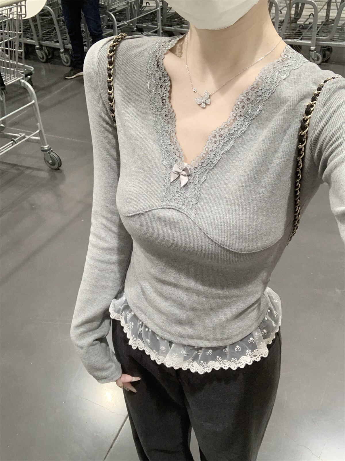 【tops】レース切り替え長袖Tシャツ　M29399