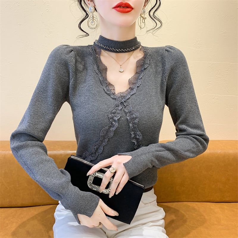 【tops】ビジューレース切り替えニットトップス　M27732