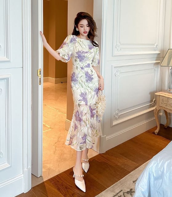 【dress】オシャレ度満点〜OL通勤夏新作ラウンドネック半袖パフ袖花柄配色ワンピースF5441