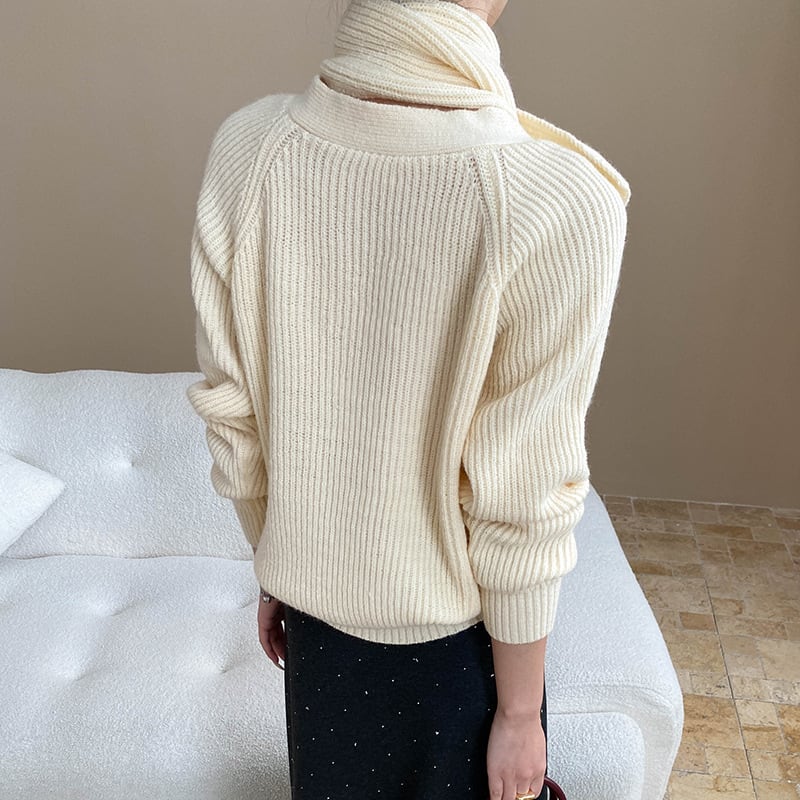 【tops】マフラー付きニットトップス Q7490