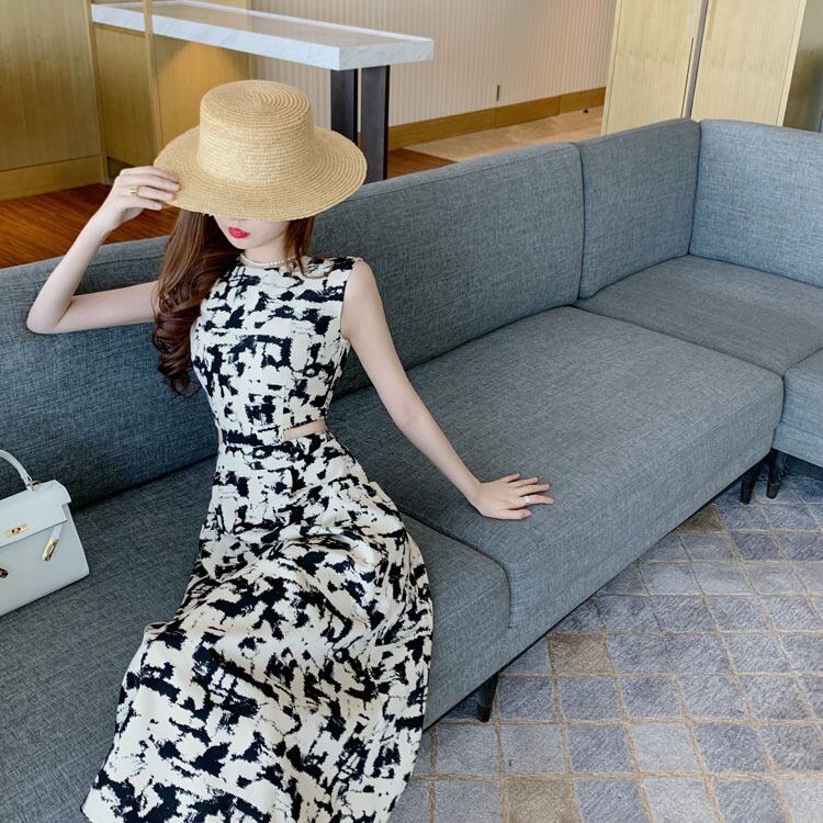 【dress】今季大好評海旅行ラウンドネックプリントノースリーブ着やせワンピースF0323