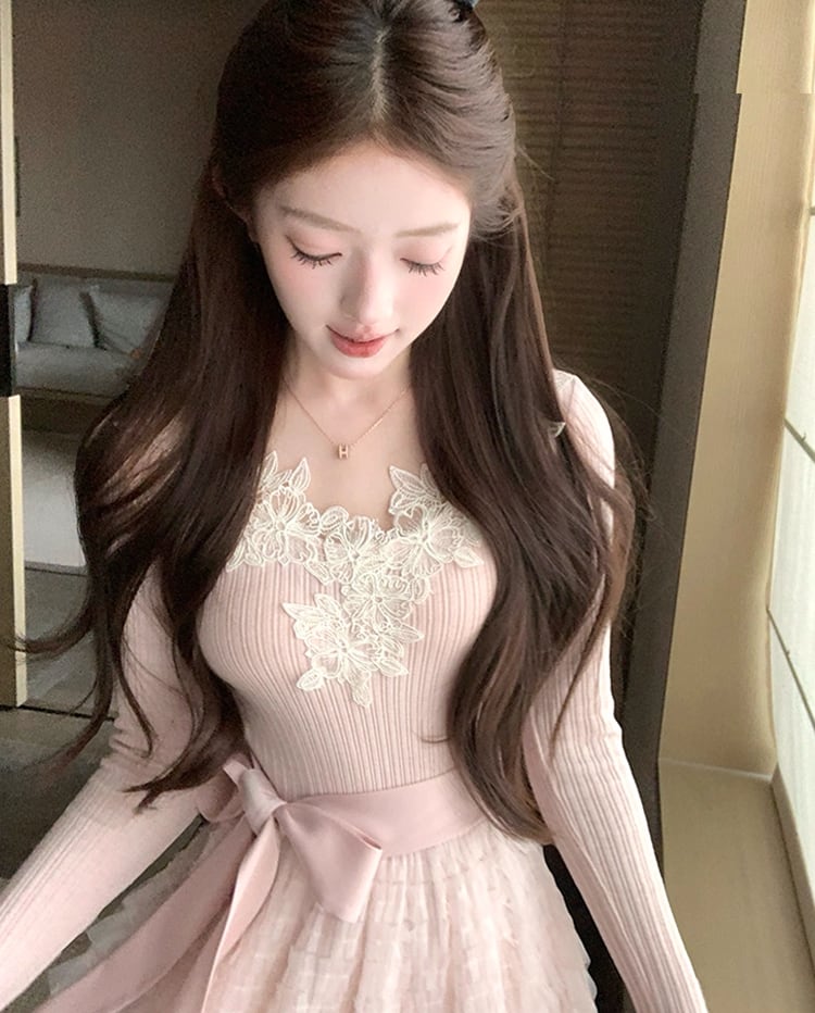 【dress】レース付きニットドッキングチュールワンピース Q7646