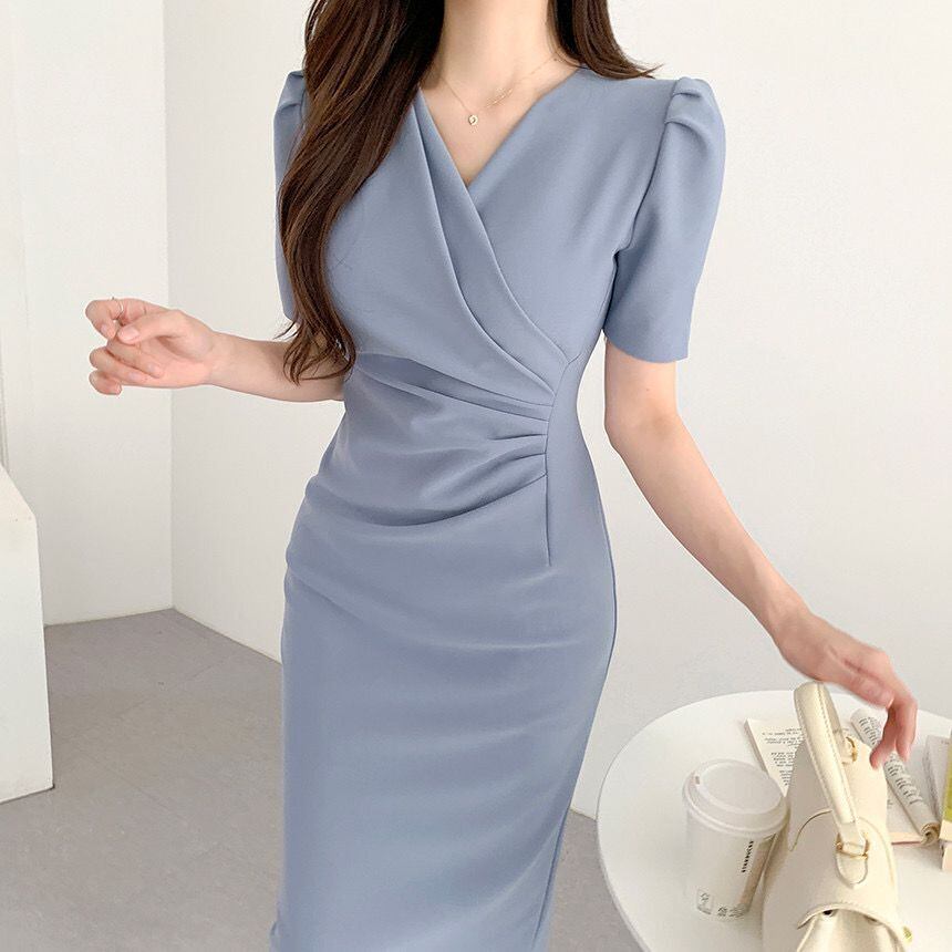 【dress】韓流スタイルchic気質満点Vネックパフスリーブ不規則スリットワンピース G12993