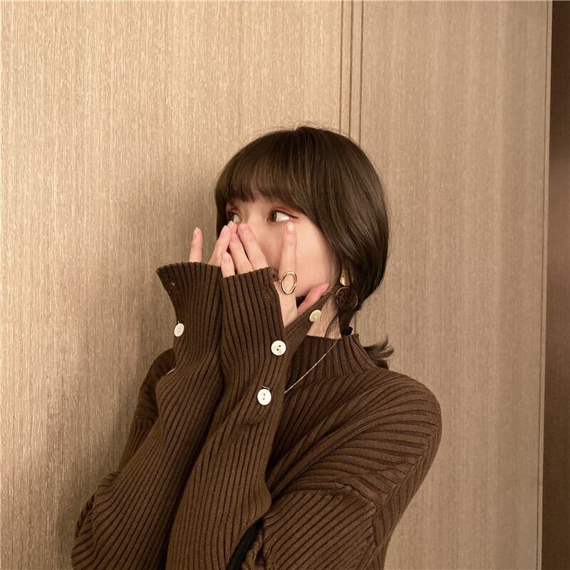 【tops】女性力を高める〜ハーフネック長袖体型カバーファッション無地ニットセーターF0839