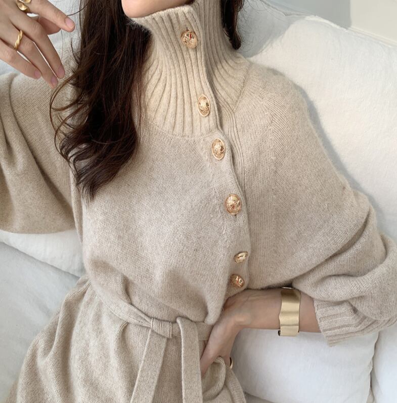 【dress】 韓国系好感度UP!気質満点秋冬レトロハイネックセーターニットワンピース G2023