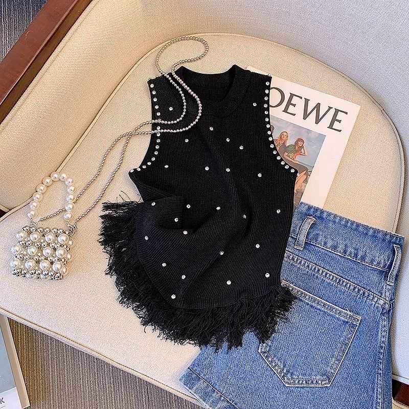 【tops】ラウンドネックノースリーブ無地フリンジ着回しニットタンクトップF5265