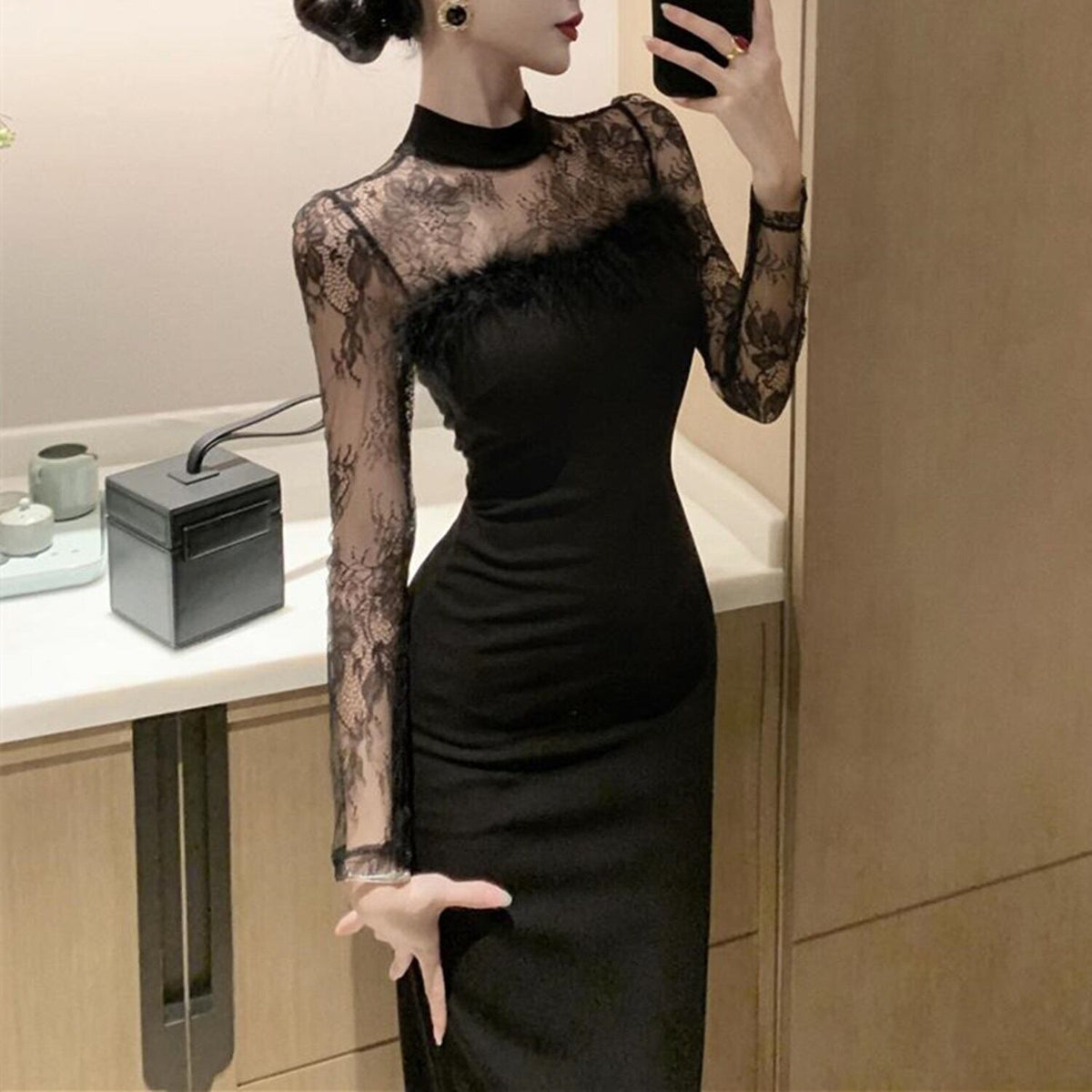 【dress】透け感フェイクファーデートワンピース　N2397