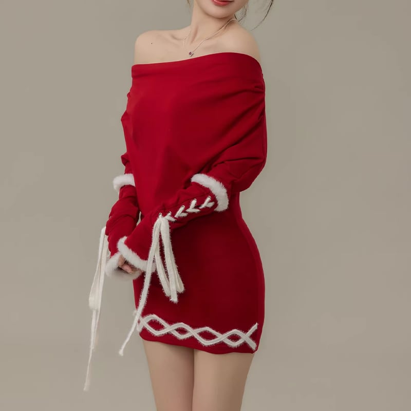 【dress】ファー付きオフショルダーニットワンピース Q7730