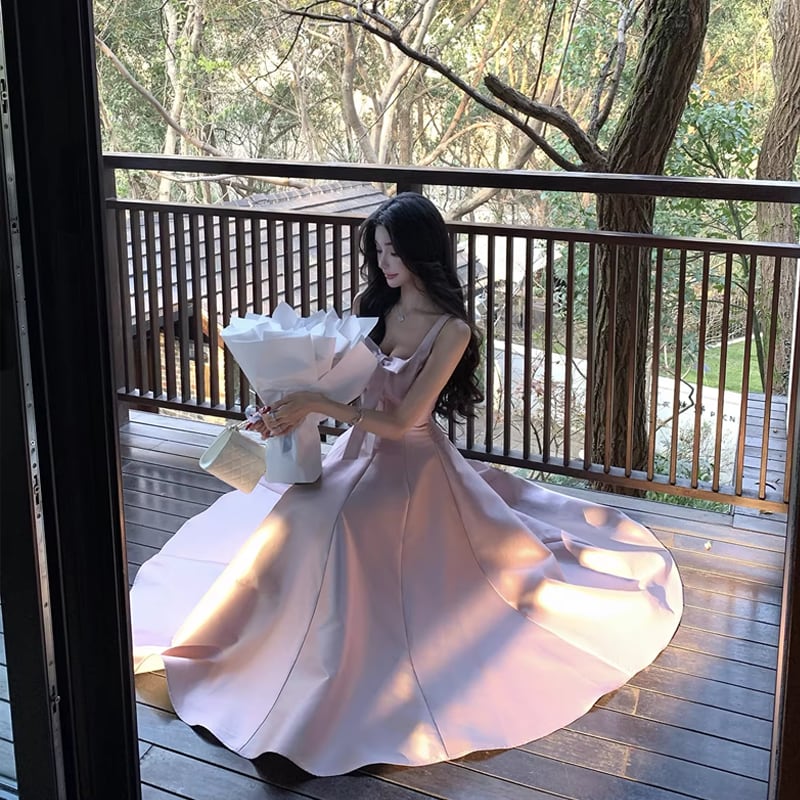 【dress】リボン付きフレアロングキャミワンピース Q8380