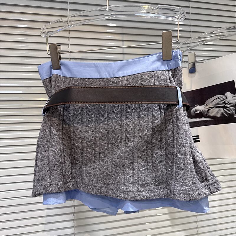 【set】ネクタイ付きシャツ×ニットトップス×フェイクレイヤードスカート3点セット Q7369