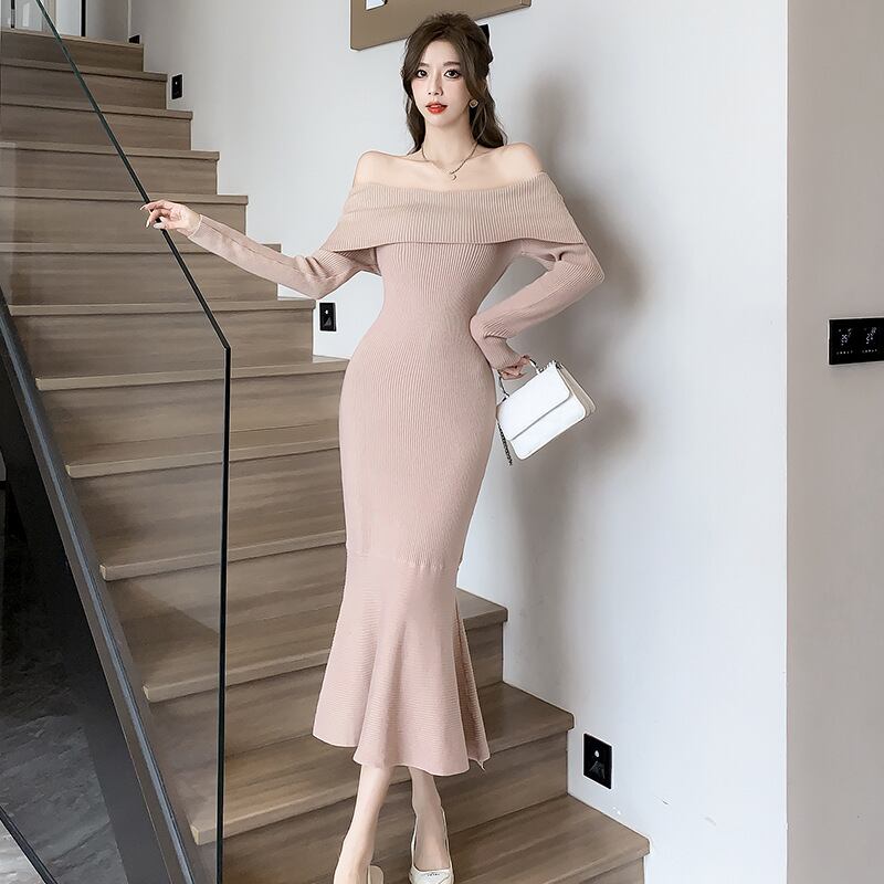 【dress】オフショルダーマーメイドニットワンピース Q7221
