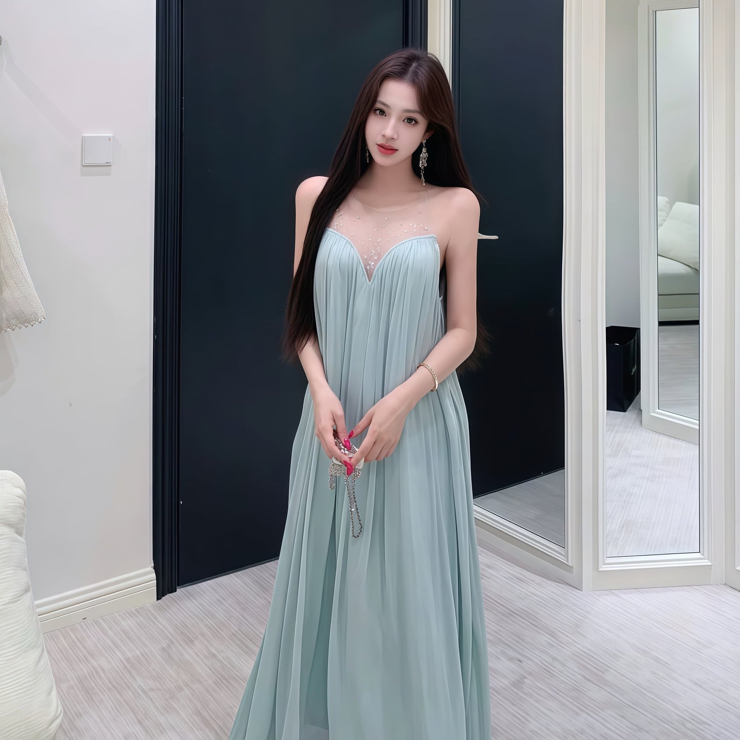 【dress】ラインストーン付きチュールドッキングロングワンピース Q8377