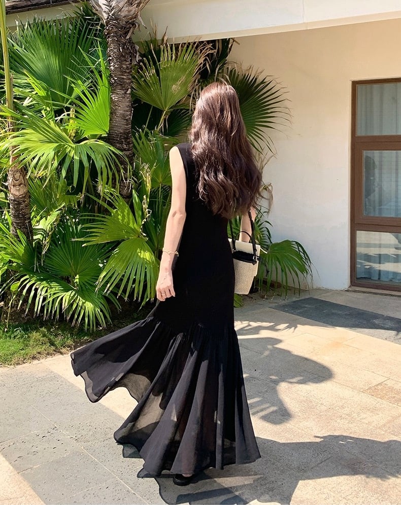 【dress】チュールドッキングロングワンピース　K0554