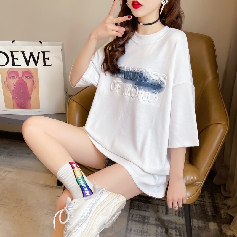 【tops】ラウンドネック半袖ゆったり着回し英字柄配色TシャツF0054