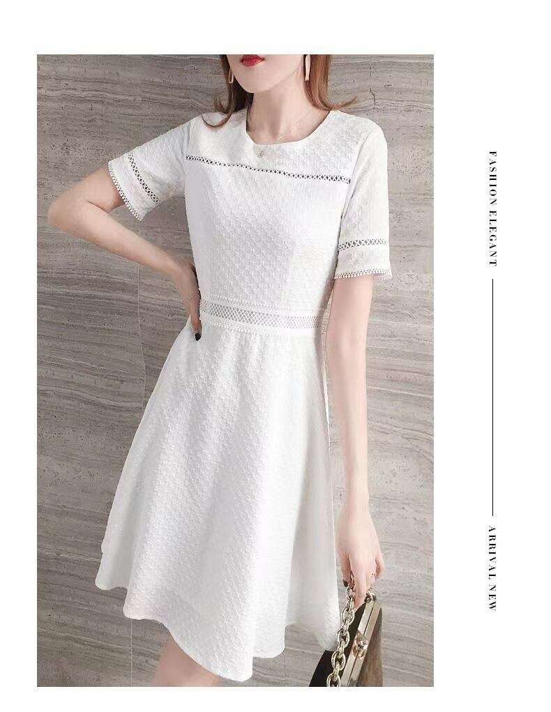 【dress】見逃し厳禁ラウンドネック半袖無地透かし彫り披露宴二次会AラインワンピースF2113