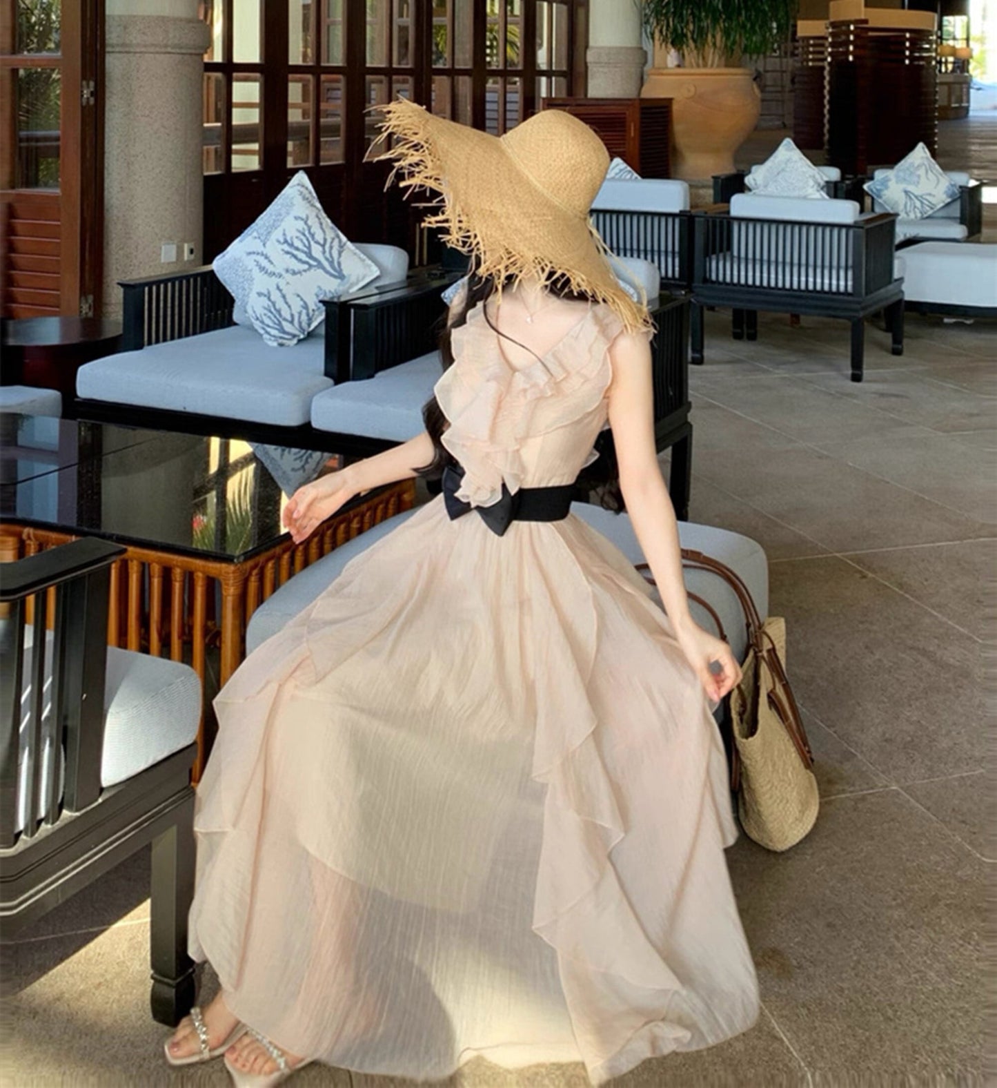 【dress】フリルリボンロングワンピース　N3537