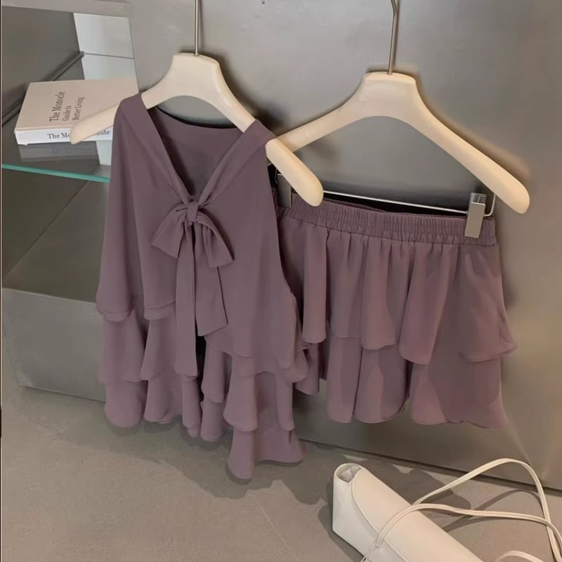 【set】ノースリーブギャザーフリルトップス×ショートパンツセット Q8370
