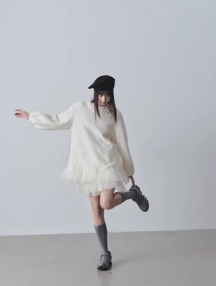 【dress】チュールドッキングフリルネックニットワンピース Q7965