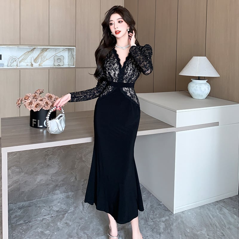 【dress】レース切り替えマーメイドワンピース　M26252
