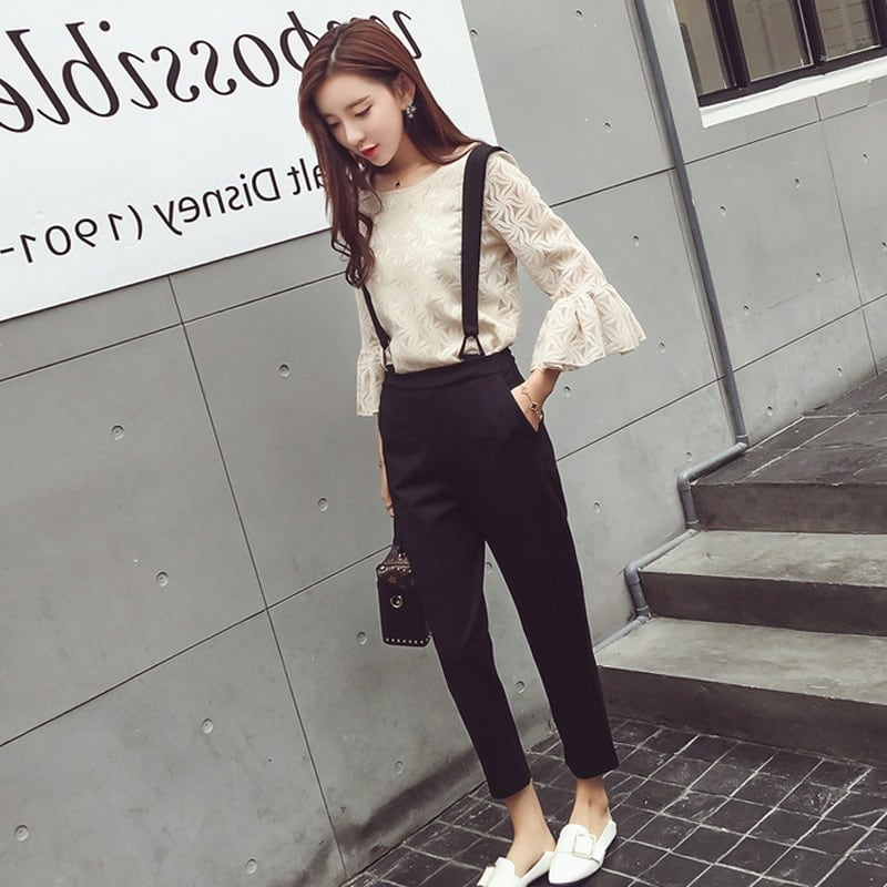 【set】大人可愛いフレアスリーブトップス＋サロペット通勤日常セットアップF0063