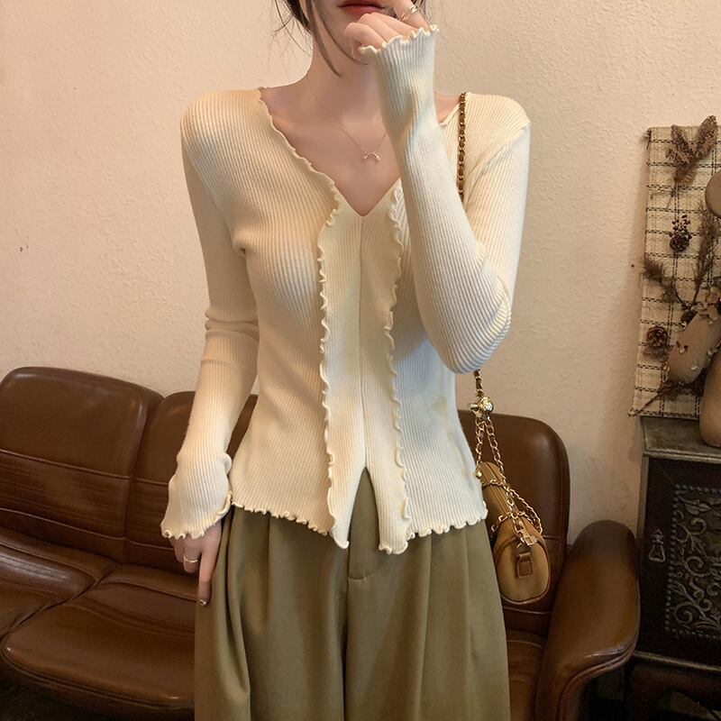【tops】Vネックフリルニットトップス　M18839