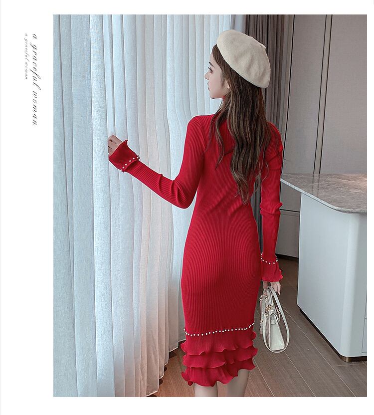 【dress】エレガント!気質満点レトロ体型カバー秋冬新作フリルニットワンピース G3729