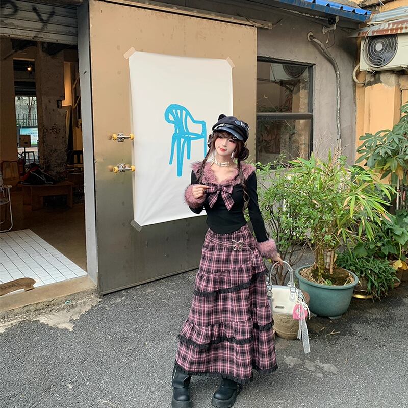 【set】リボン付きファードッキングトップス×ロングティアードスカートセット Q7623